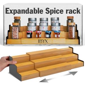 Ibyx Premium 3-Tier Spice Rack Organizer for Cabinet - Expandable Bamboo Spice Storage - Non-Skid Countertop Step Spice Shelf - Great for Kitchen Cabinet, Countertop, Cupboard, Pantry (Natural)