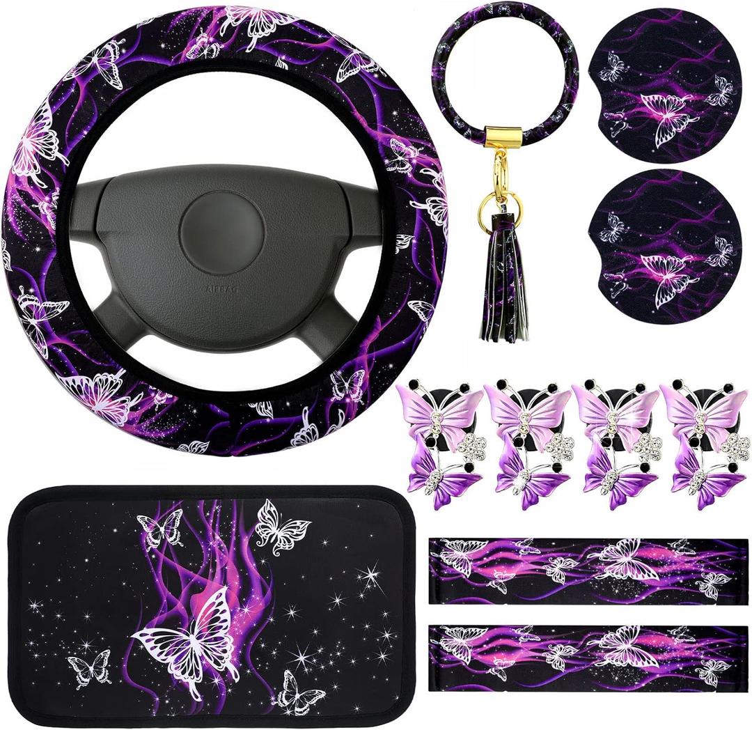 16 Pcs Butterfly Theme Car Accessories Purple Steering Wheel Cover Air Fresheners Vent Clips Seat Belt Pads Cup Holders Armrest Cushion Keyring Bracelet Sheets for Car SUV Interior Decor
