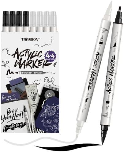 TRANSON 4 Black and 4 White Paint Markers Brush and Fine Dual-tip Acrylic Paint Marker Set for Rock Painting Glass Canvas Wood Leather Ceramic Painting