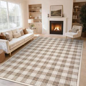 GarveeHome Checkered Area Rugs 5x7 for Living Room, Machine Washable Non Slip Backing Rug, Stain Resistant Low-Pile Indoor Outdoor Carpet for Bedroom Dining Room Office Nursery Beige