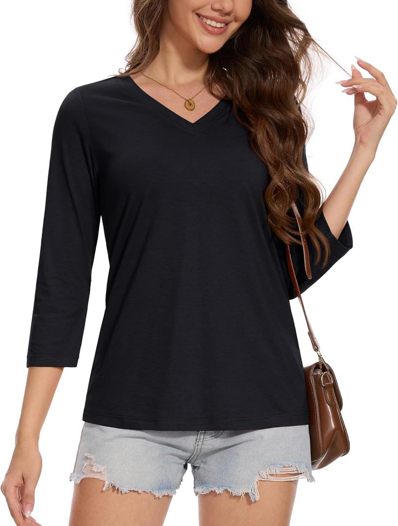 MAGCOMSEN 3/4 Sleeve T Shirts for Women V Neck Tshirts Cotton UPF50+ Summer Tops Casual T-Shirts Basic Tees 2025 (Black, M)