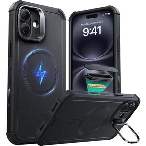 ESR for iPhone 16 Plus Case with Stash Stand, Camera Control, 23FT Military-Grade Shock-Absorbing Drop Protection, Compatible with MagSafe Accessories, Magnetic Cyber Series, Black
