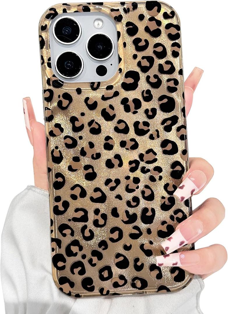 Lovmooful Compatible for iPhone 16 Pro Max Case Cute Cheetah Leopard Print with Glitter Shiny Design with Bumper Protector for Girls Women Soft PC+TPU Shockproof Protective Girly for iPhone-Brown