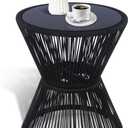 LEWIS&WAYNE Small Outdoor Side Table Patio 20 H Woven Rope Hourglass End Table with Glass Top Round Coffee Table for Living Room Outdoor Patio Backyard Poolside(Black)