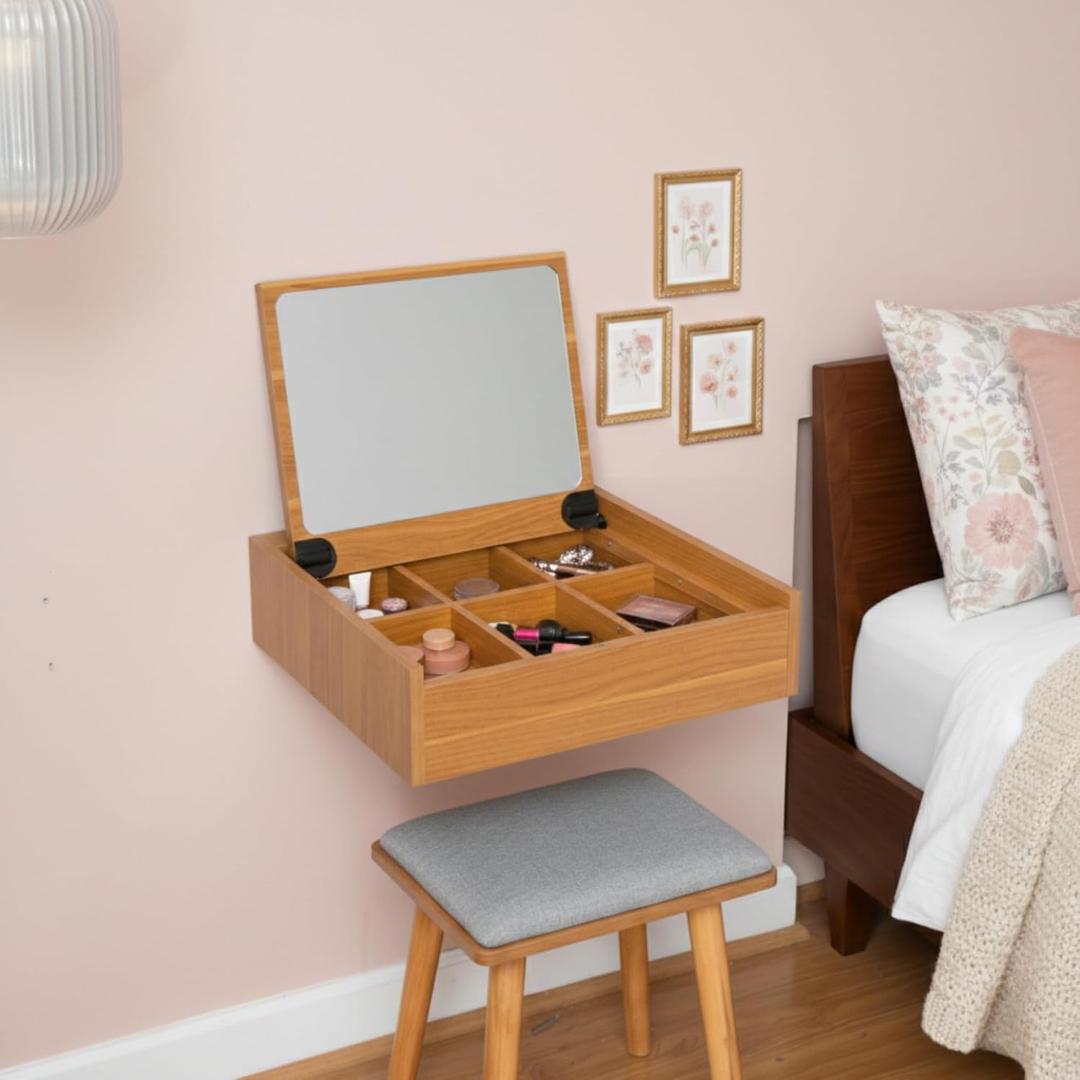 Sleekform Small Vanity Desk Dressing Table with Mirror & Chair - 18x20 Floating Vanity Makeup Table for Small Spaces, Wall Mounted Compact Make Up Tables with Flip Up Top, Nightstand Bedroom Vanities