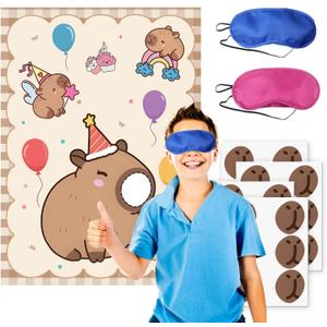 Capybara Birthday Party Decoration, Stickers at Party Guinea Pig Games,Pin The Nose Game with Eye Masks and Stickers,Large Poster and 24 Capybara Themed Birthday Gift