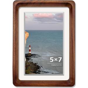 5x7 Picture Frame, Solid Walnut Wood Photo Frame with Mat for 4x6 or 5x7 Photos, Real Wood Frame with Tempered Glass for Wall or Tabletop Display, Horizontal & Vertical