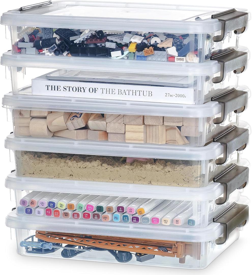 Citylife 6 PCS Clear Plastic Container Clip Box with Latching Lids, Stackable Document Paper Protectors Organizer Container for Office, Home, and School Supplies (6 PCS-14.65" x 10.43" x 2.87", White)