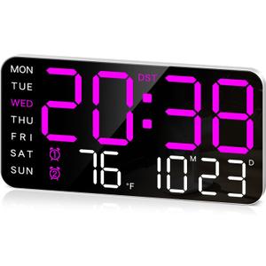 MASHI 8.4''Large Digital Wall Clock, Led Alarm Clock with Big Digits, Date, Temperature, DST, Modern Decor Design for Desk,5-Level Brightness for Room, Bedroom, Gift, Yougster and Elderly (Purple)