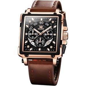 OLEVS Men's Rectangular Watches Black Dial Arabic Numerals Tank Watches for Men Brown Leather Band Fashion Sword Hands MultiFunction Quartz Watch Water Resistant Rose Gold Tone Men Watch with Date