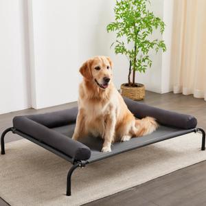 TJSOULER Cooling Elevated Dog Bed with Pillows,Portable Washable Raised Dog Cot Bed with Chew Proof Mesh and Metal Frame,NoSlip Rubber Feet for Indoor & Outdoor Use,XLarge,Deep Grey