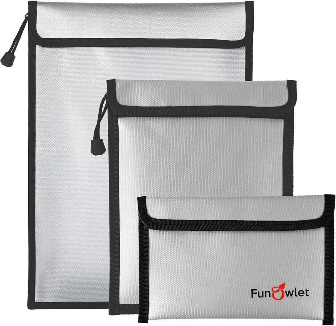 FunOwlet Fireproof Waterproof Document Bag – 3 Pack Fire and Water Resistant Zipper Storage Organizer & Money Safe Pouch Set for Important Papers, Cash, Passports, Jewelry & Electronics (Gray)