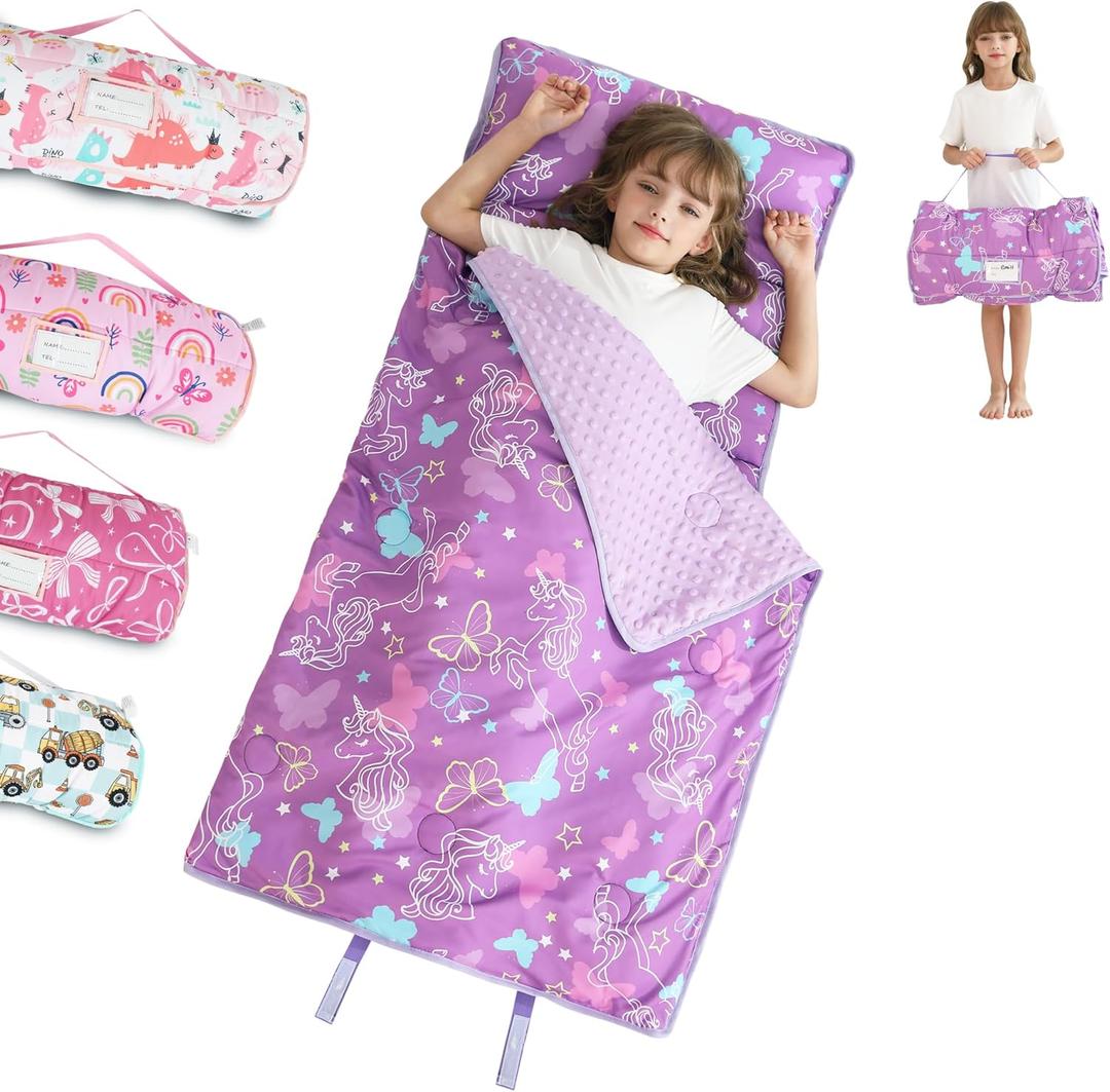 Toddler Nap Mat for Preschool 50''x30'' Sleeping Mat with Removable Pillow and Minky Blanket for Kids Ages 3-7 Roll Up Soft Sleeping Bag for Boys Girls Kindergarten Daycare Sleepover (Purple Unicorn)