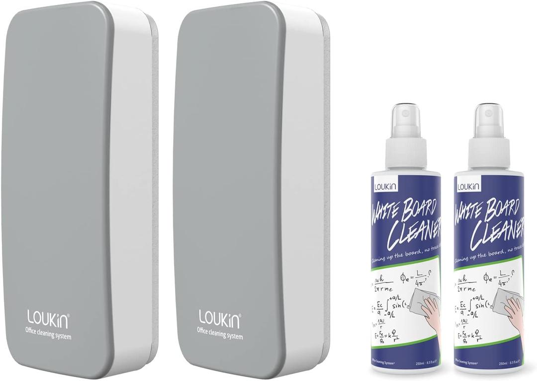 Loukin 2 Pack Magnetic Dry Erase Eraser, Whiteboard Eraser, Glass Board Remover, 3.4 fl oz Whiteboard Cleaner * 2 Included, for Classroom, Home and Office Use (Grey)