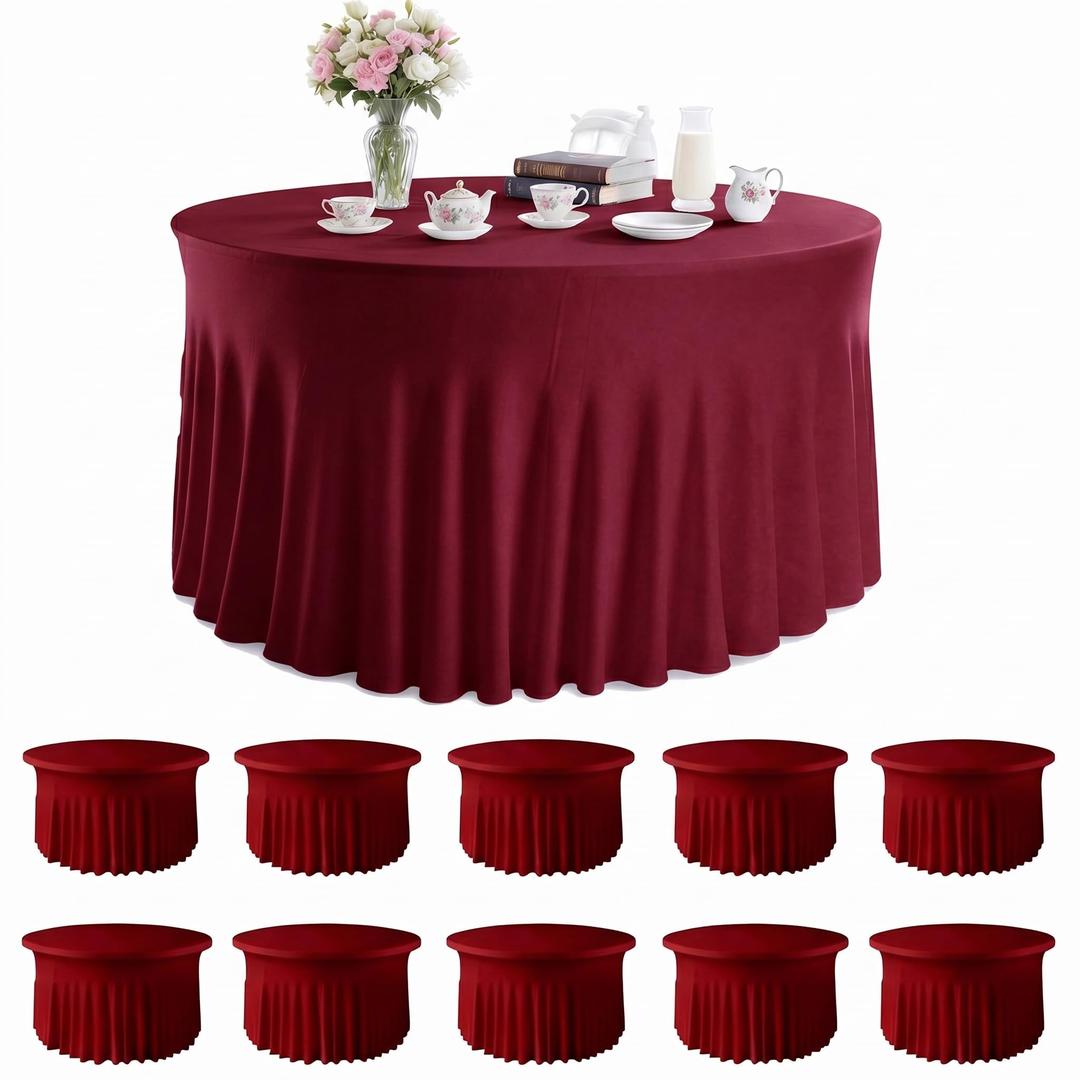 Lakluse 10 Pack Red Round Spandex Tablecloths for 60in Tables, 120 Inch Stretch Fitted Table Skirts, Wrinkle-Free Washable Polyester Covers for Wedding, Banquet & Party