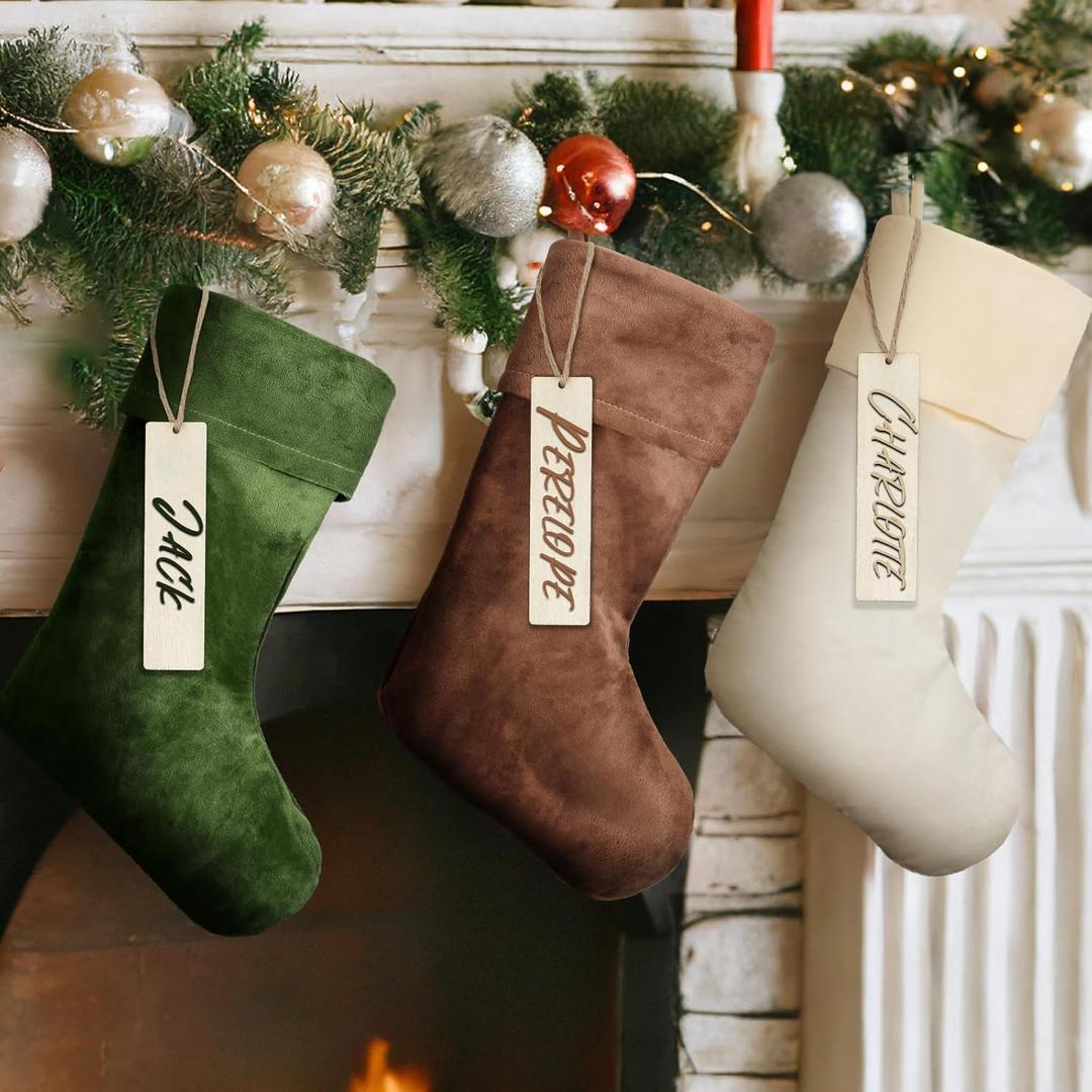 3 Sets Velvet Christmas Stockings Aesthetic Xmas Stockings with Personalized Blank Wooden Name Tags Rustic Christmas Decor for Fireplace Mantle Farmhouse Home Tree, 17 Inches Large(Mixed)