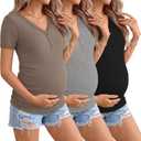 3 Pack Womens Maternity Shirts Short Sleeve Cotton Ribbed V Neck Pregnancy Clothes Casual Henley Side Ruched Tees (Small, Light Coffee, Light Heather Gray, Black)