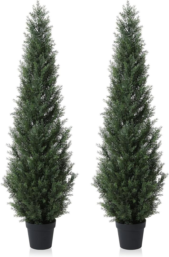 5FT Artificial Cedar Topiary Trees for Outdoors Potted Fake Cypress Trees Faux Evergreen Plants for Home Porch Decor Set of 2