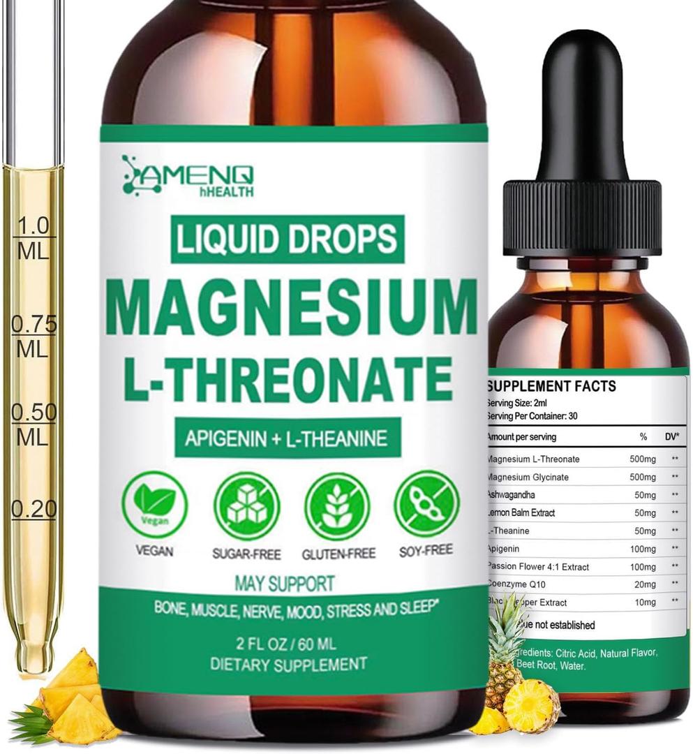 Magnesium L-Threonate Liquid, Triple Calm Magnesium Threonate Apigenin Theanine Plus Passion Flower, Lemon Balm, Liquid Magnesium Glycinate Threonate for Relaxation Sleep Muscle Nerve Health (2 Fl Oz (Pack of 1))