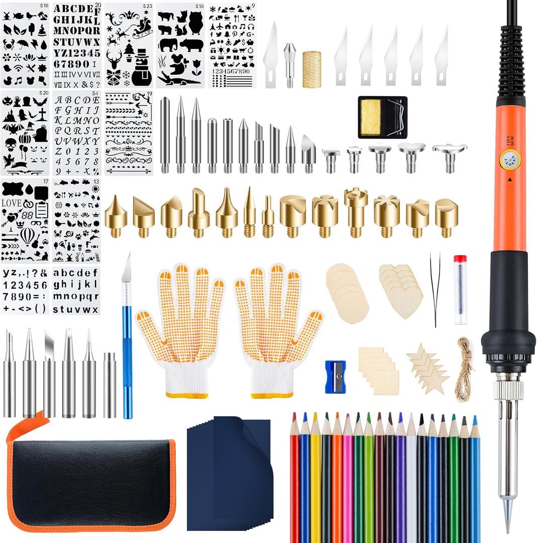 Fohil Wood Burning Kit for Adults with Gloves, 130pcs Wood Burning Pen Tool Set with Adjustable Temperature 200~450 C Switch Pyrography Pen Kit for Embossing Carving Soldering