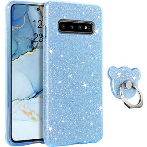GUAGUA Compatible with Samsung Galaxy S10 Case 6.1 Inch Glitter Sparkle Bling Shiny Cute Cover for Women Girls with Extra Finger Ring Holder Kickstand Slim Protective Cases for Galaxy S10 Blue
