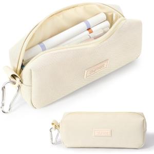 SUNEE Small Pencil Case for Girls & Boys, Pencil Pouch Pen Bag Coin Pouch with Durable Oxford Fabric Marker Pen Case for School Supplies Office Stationery Organizer, Beige