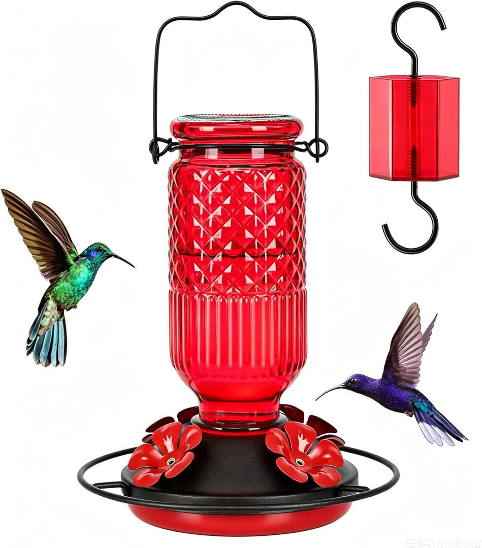 FEED GARDEN Glass Hummingbird Feeder for Outdoors Hanging, 16 oz Leak-Proof Nectar Feeder with Bee Guards & Ant Moat, 4 Metal Flower Feeding Ports, 360° Perch Ring, Easy Refill & Clean, Red