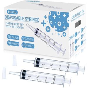 Himo 50 Pack 20mL Syringes with Catheter Tip and Cap Plastic Large Syringes for Liquids, Jello shot Party, Medicine Student, Oral, Scientific Labs, Measuring, Dispensing, Home Care