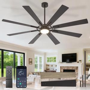 DLLT 72-Inch Ceiling Fan with Light: Farmhouse 8-Blade Black Wood Grain Indoor Outdoor Fans with Remote App Control Dimmable Light - Ultra Quiet DC Motor Reversible 6 Speed Timer
