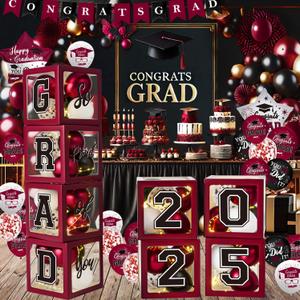 Maroon Themed 2025 Graduation Decorations Set - Balloons Boxes with Letters 2025 GRAD So Proud of You - Complete Party Supplies for High School & College Celebrations
