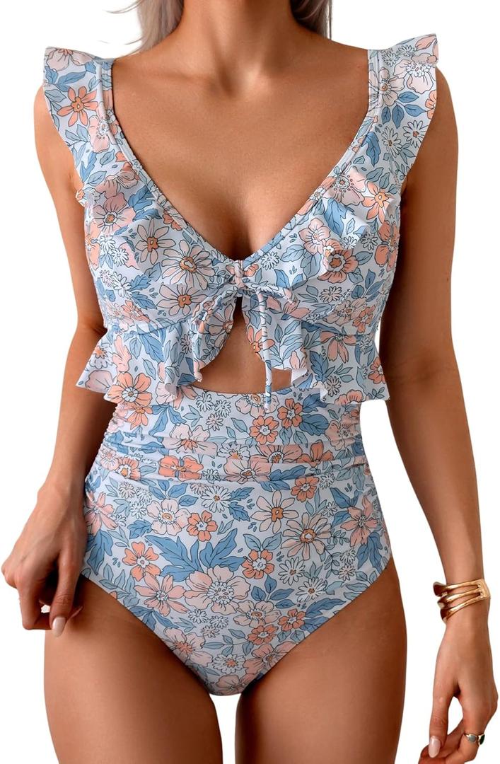 Eomenie One Piece Swimsuit for Women Tummy Control Ruffle Bathing Suit V Neck Ruched Swim Suit Slimming Cutout Swimwear (Large, Orange Floral)