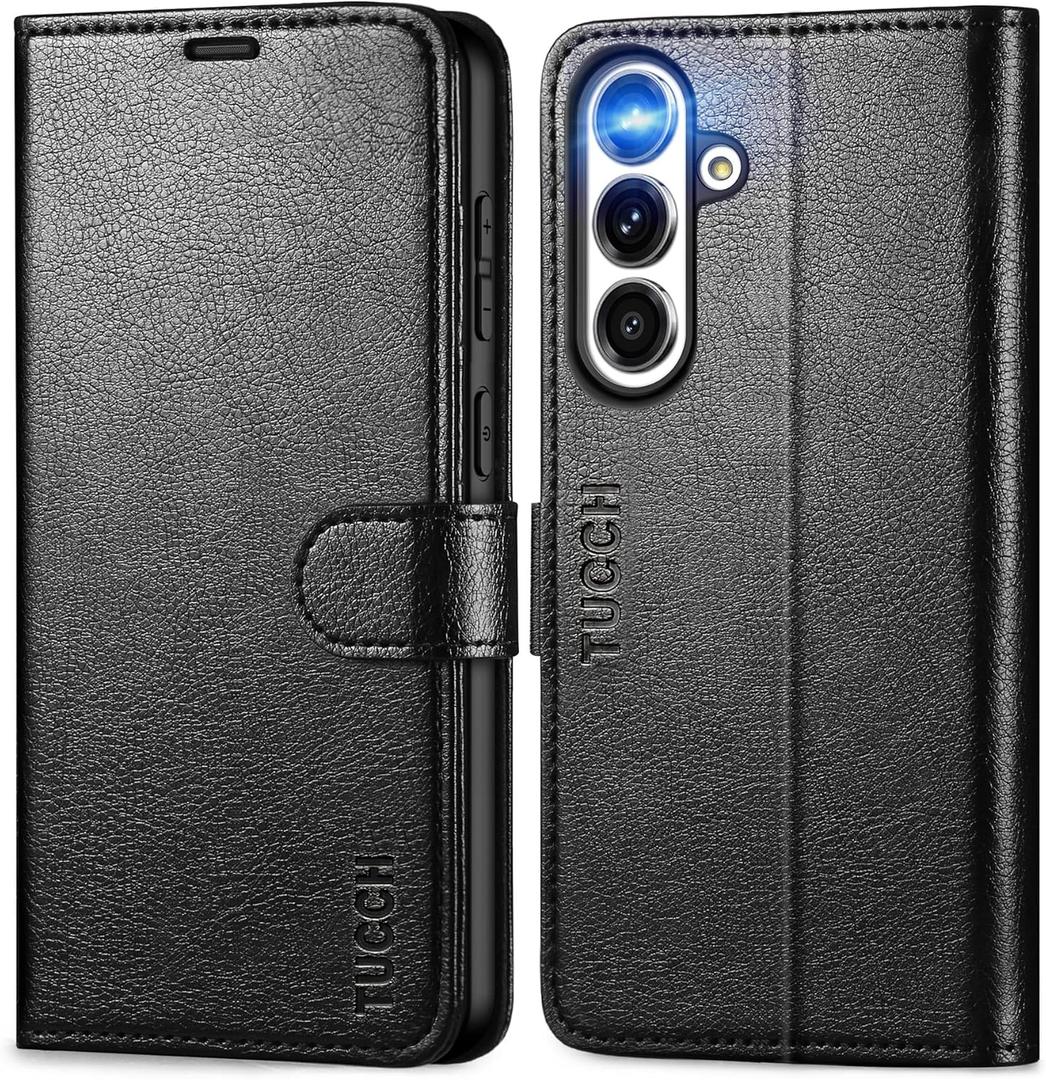 TUCCH Wallet Case for Galaxy S25 FE, Magnetic PU Leather Stand [RFID Blocking] 4 Card Slots Protective Folio Cover with [TPU Shockproof Interior Shell] (6.7") 2025, Textured Black