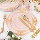 Pryntono 300pcs Gold Retro Dinnerware Sets Disposable, 50 Guests Heavy Duty Plastic Cutlery Sets, 100 Disposable Plates, 150 Silverware,  50 Napkins for Mother's Day, Wedding & Party, Pink