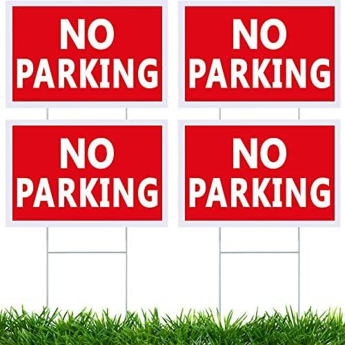 Juexica 4 Pcs No Parking Signs with Stand 8 x 12 Inches Double Side No Parking Yard Sign with Stakes Weather Resistant Waterproof for Driveways (Red Print White)
