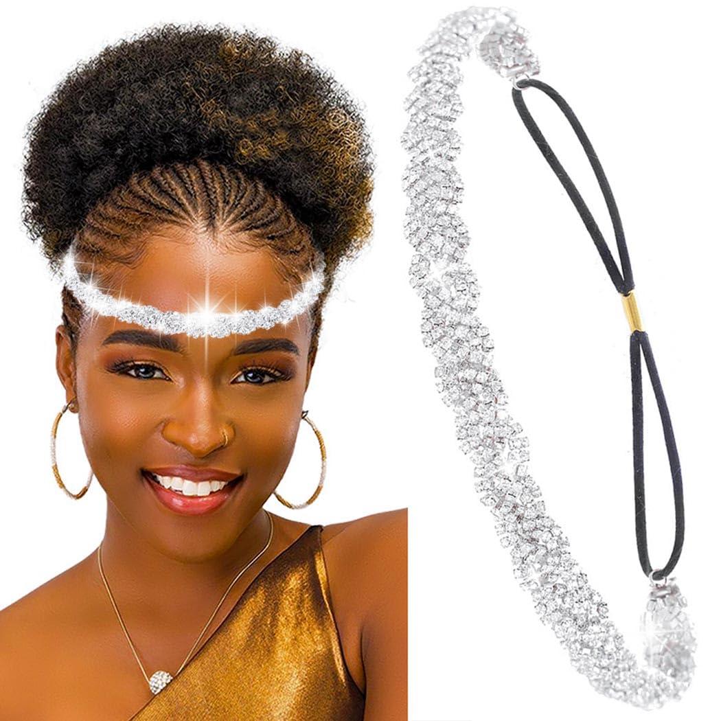 Fstrend Silver Elastic Rhinestone headbands Boho Sparkly Crystal Headpieces Summer Beach Head Chain for Women (Silver A)