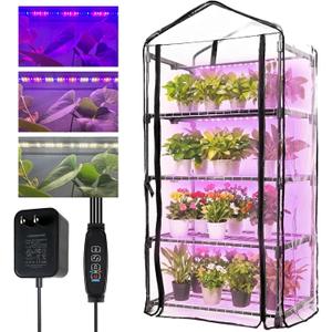 Indoor Greenhouse with Grow Lights, 4-Tier Mini Greenhouse w/Multiple Modes Plant Lights & Waterproof Base Mat & Zippered Door, Walk-in Green House for Growing Plants, Seed Starting, Seed Tray