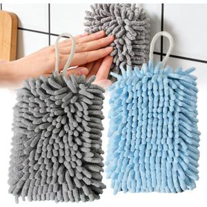 Microfiber Chenille Hand Towel, Soft Hanging Absorbent Quick Dry Towels 2Pcs Kitchen, Bathroom Hand Drying Cleaning with Creative Decoration Towel Set. (Grey+Blue)