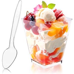Hiasobre 50Pack 5oz Square Plastic Dessert Cups with Spoons, Reusable Clear Parfait Appetizer Cups, Mini Party Trifle Shooter Serving Cups, Dessert Shot Glasses for Tasting