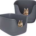 High Sides Cat Litter Box 24.6''Lx18.3''Wx12.2''H Jumbo Litter Pan for Multi Cats Households, Extra Large Open Big Cat Litter Box with High Wall Anti-Splashing for Kitty(Pack of 2) (Grey+Grey)