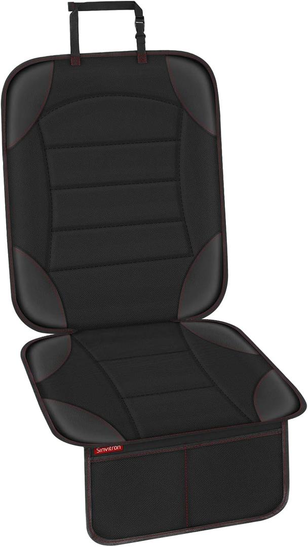 Sinvitron Car Seat Protector for Child Car Seat - Waterproof Non-Slip Leather Mat with 2 Mesh Pockets, Universal Seat Cover for Baby, Pets & Vehicles (1-Pack, Black)