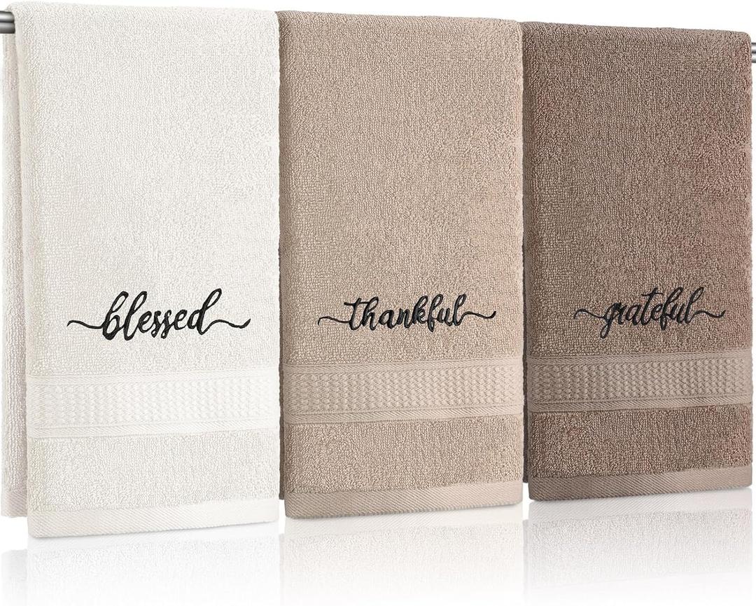 Peryiter 3 Pcs Farmhouse Bathroom Decor Hand Towels 14x29 Inch Cotton Bath Towels Rustic Embroidered for Boho Kitchen Decor Inspirational Christian Gift (Brown Series,Blessed Thankful Grateful)