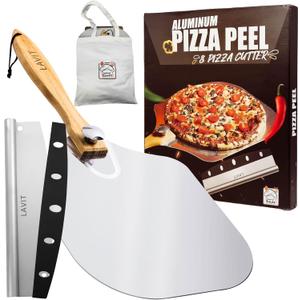 Pizza Peel Aluminum Pizza Spatula - Lavit 12x14 Inch Pizza Pack Metal Peel with Wood Handle & Rocker Cutter, Pizza Paddle (Storage bag included), for Family Pizza Oven, Baking, Dough, Bread & Pastry