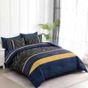 Luxudecor Blue and Yellow Comforter Set Queen Size, 7 Pieces Stripe Geometric Bed in a Bag, Marble Comforter and Sheet Set, Soft Microfiber Complete Bedding Sets for All Seasons