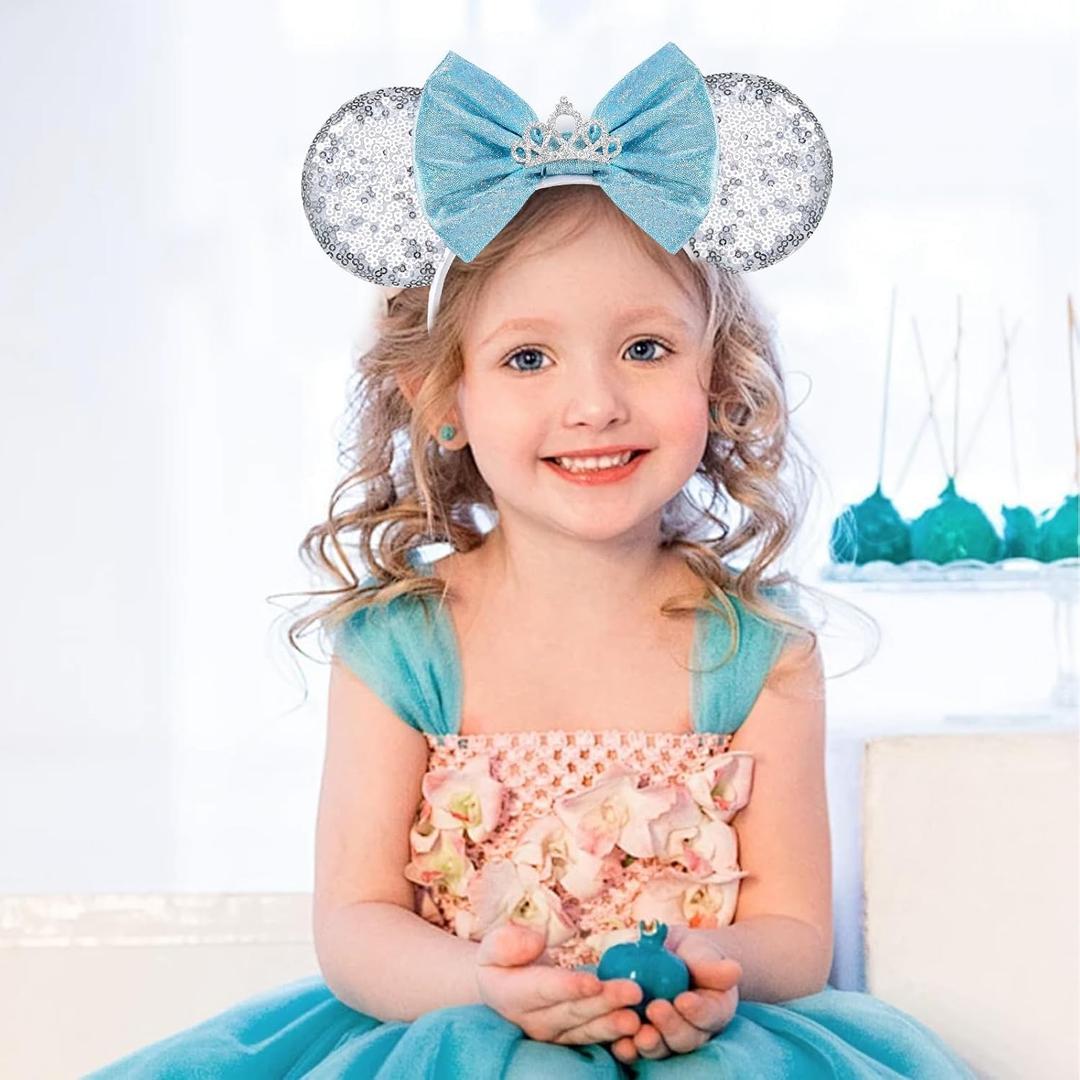 Mouse Ears Headbands for Women Girls - Fashion Sequin Hairband with Blue Bow Shiny Crown for Princess Cosplay Costume Party Decorations Hair Accessories, White