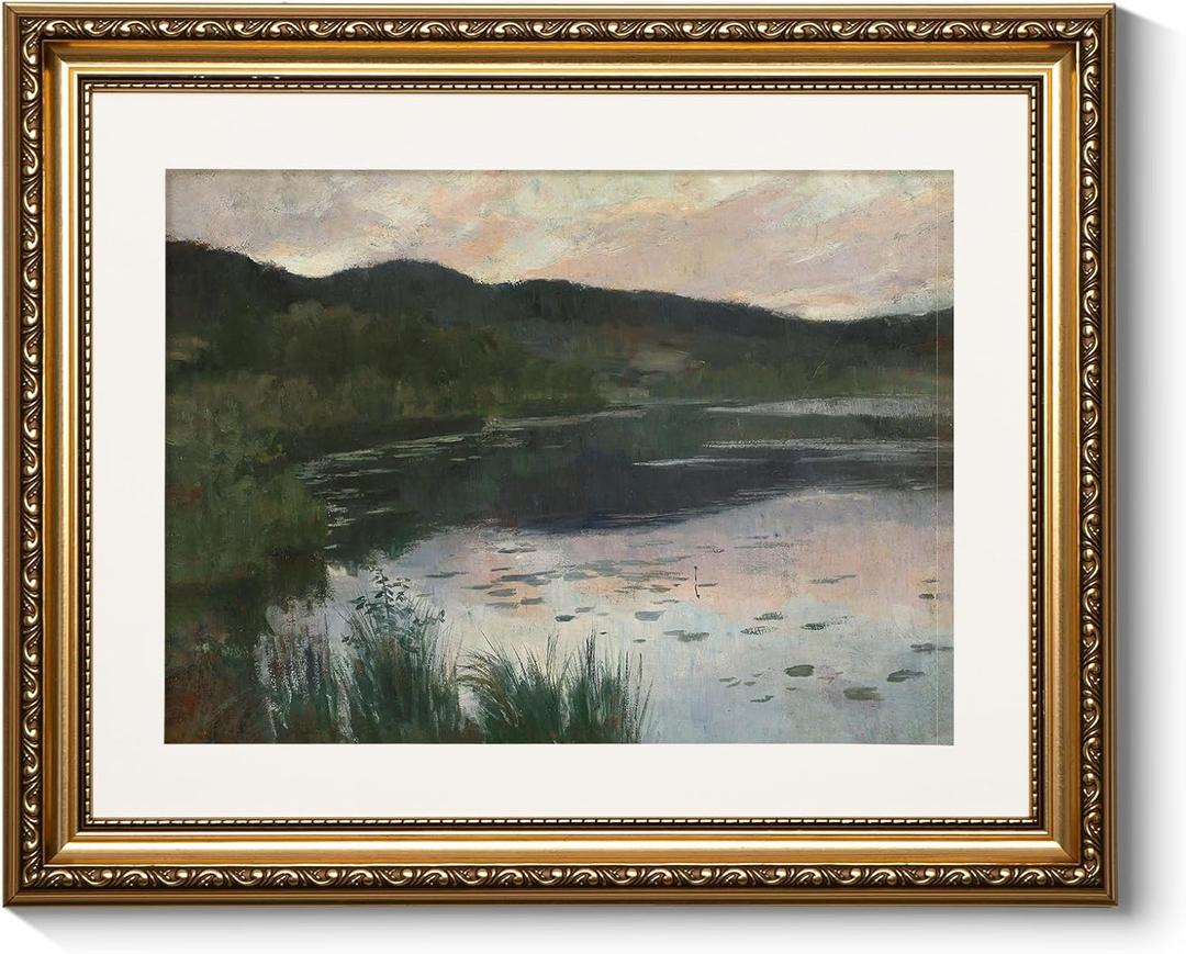 ARPEOTCY Gold Framed Scenery Wall Art, Living Room Bedroom River Landscape Pictures Wall Decor, Farmhouse Retro Decor, Canvas Prints, Antique Picture Frame Vintage Paintings,13x16 Inch (Summer Night Landscape)
