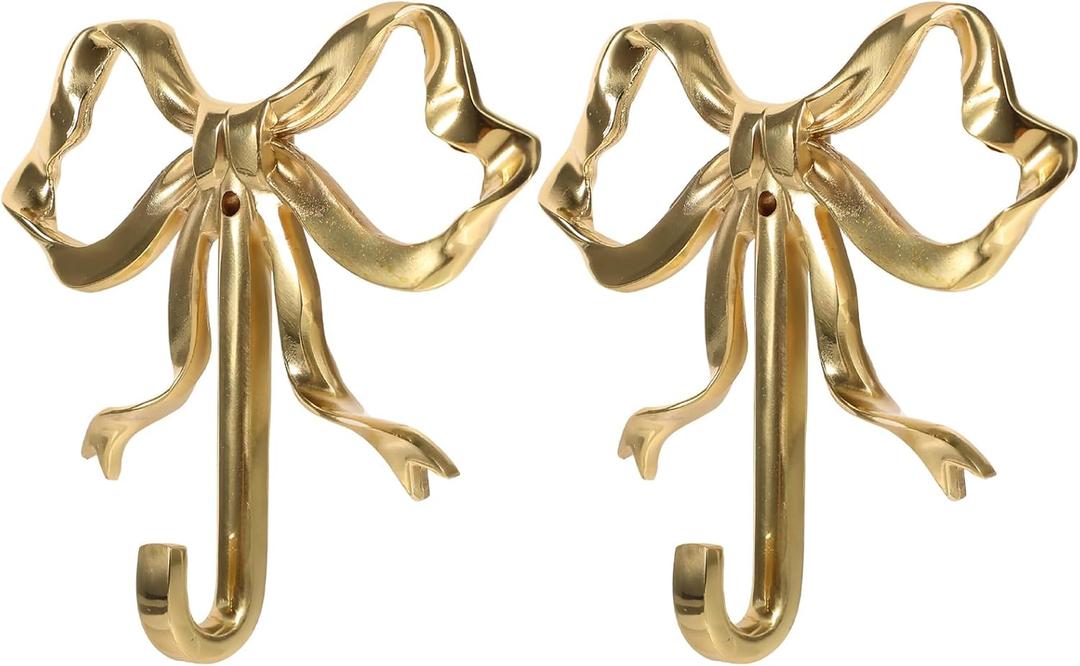 LOGOFUN 2pcs Bow Hook Bowknot Hook Bow Hooks for Wall Bowknot Brass Hook Gold Wall Hooks for Hanging Coat Hat Towel - Large (3.62X3.54X0.79in 9.20X9.00X2.00cm)