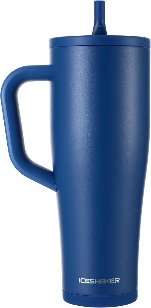 Ice Shaker 40 oz Tumbler with Handle and Straw | 40oz Navy | Cold for 30+ Hours | 2-in-1 Tumbler Shaker Bottle | Odor-Free 40 ounce Bottle for Water, Protein Shakes, Smoothies, Cocktails
