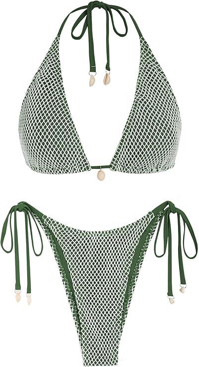 ZAFUL Women's Triangle Bikini Multiway Fishnet Tie Side Bandeau Halter String Bikini Set Two Piece Swimsuit Bathing Suits, Small (1- Army Green)