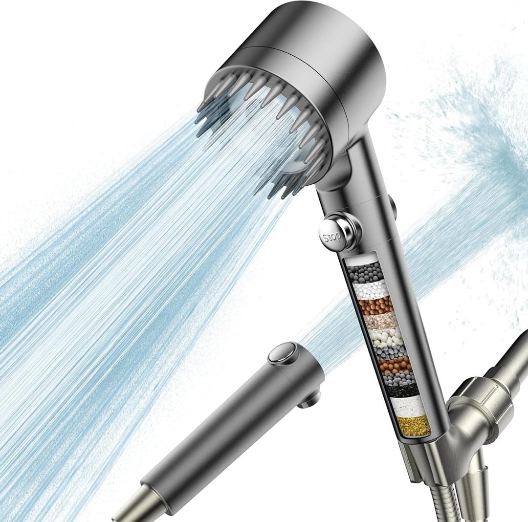 PWERAN Filtered Shower Head with Handheld, High Pressure Water Flow and Multiple Spray Modes Shower Head with Filter, Power Wash for Hard Water, Showerhead with ON/OFF Switch for Pets Bath (Gray)