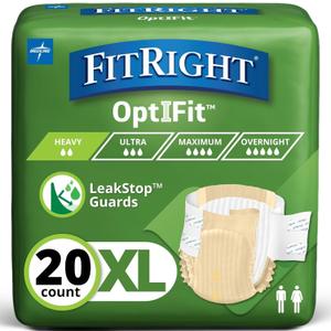 FitRight Adult Diapers, Extra+ Heavy Absorbency, XL (Waist Size 56in-64in), 20 Count, OptiFit Incontinence Briefs for Men and Women, Disposable, Moisture-Wicking, Leak Protection